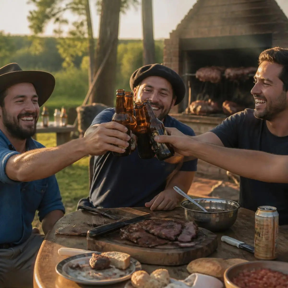 Amigos brindando ao redor da churrasqueira