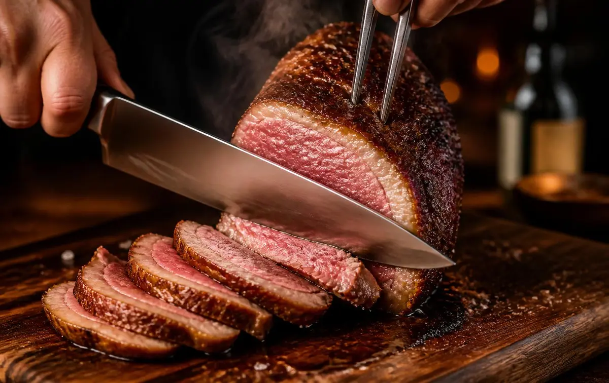 Picanha suculenta sendo fatiada sobre tábua de madeira